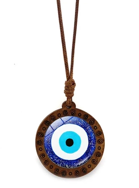 水晶木质蓝眼睛邪恶之眼项链饰品复古腊绳木头吊坠土耳其护身符