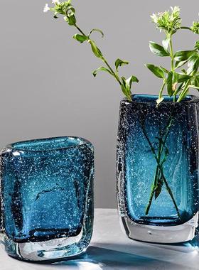 KCU几现代纯手工蓝色琉璃花瓶摆件客厅茶插欧轻奢创意家居装花北