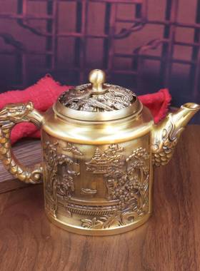 黄铜龙凤茶壶摆件家居办公室百福麒麟茶壶桌面装饰工艺品礼品