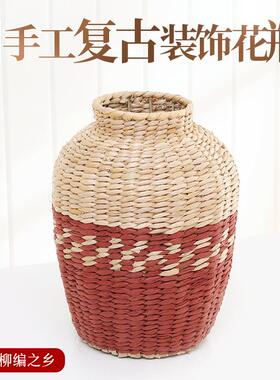 厂家手工草编花瓶家居桌面复古装饰小口花瓶仿真摆件编织插干花篮