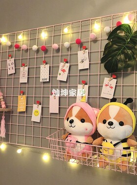 粉色木托片照片架少女心房间布置卧室墙面装饰品铁丝网格置物架子