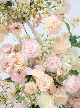 仿粉色牛角拱门花艺婚礼背景活动背景装饰花假花手工花艺