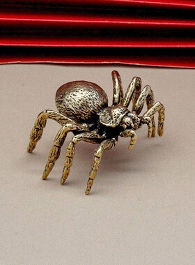 个性纯黄铜创意小蜘蛛茶道茶宠小铜器复古桌面工艺品手把件