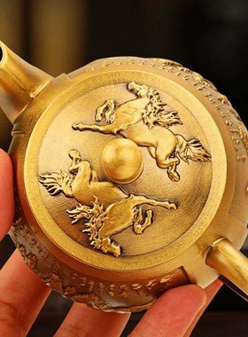 黄铜八骏马茶壶办公室家居马上成功茶具茶壶创意铜器工艺品