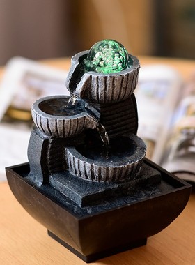 欧式小喷泉流水水景摆设室内办公桌创意风水轮装饰工艺品个性摆件