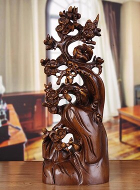 木雕喜上眉梢工艺品摆件 家庭客厅酒柜电视柜两边新中式装饰摆设