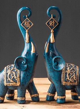 一对招财大象新中式风格创意博物古董架工艺品家居客厅装饰小摆件