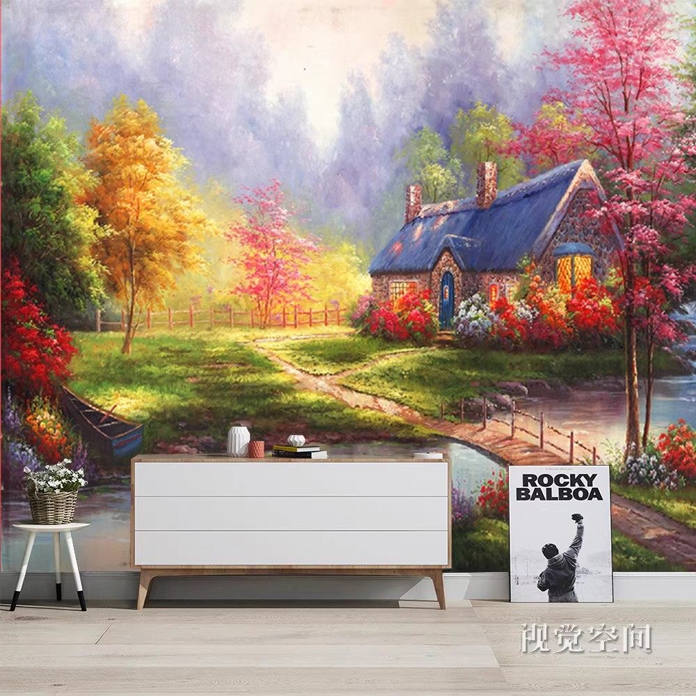 手绘唯美风景油画墙纸客厅电视背景墙壁纸民宿酒店壁布森林8d墙布,淘宝优惠券,粉丝福利购,淘宝优惠卷