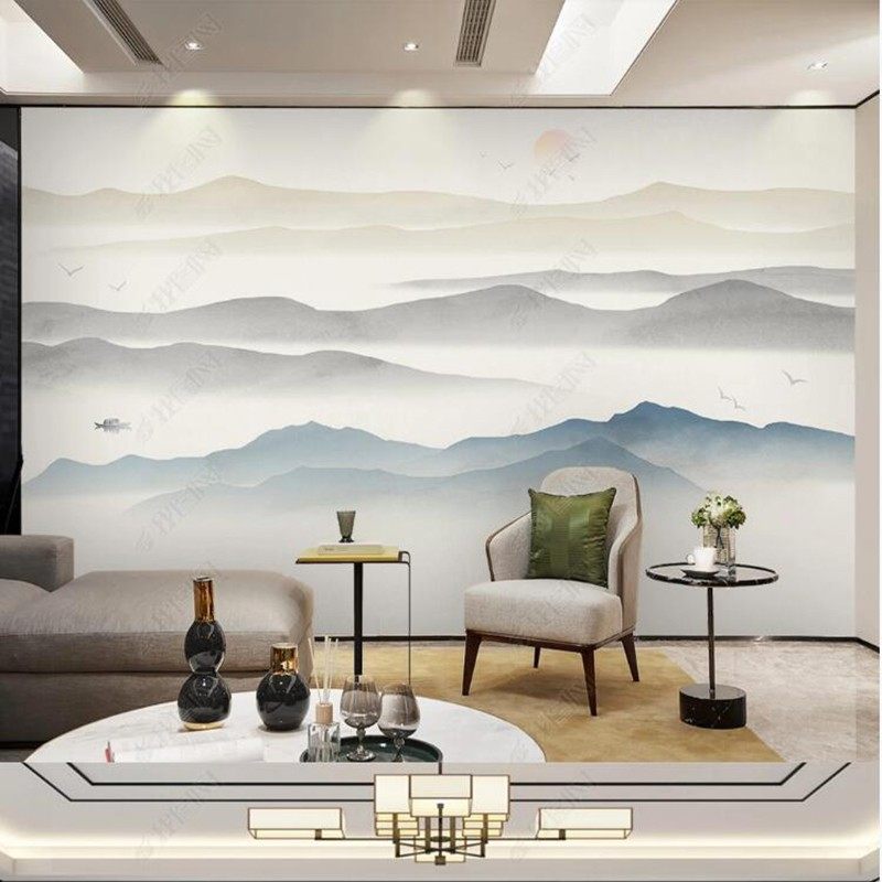 3d电视背景墙壁纸现代中式山脉意境沙发墙布唯美大气轻奢山水壁画,淘宝优惠券,粉丝福利购,淘宝优惠卷