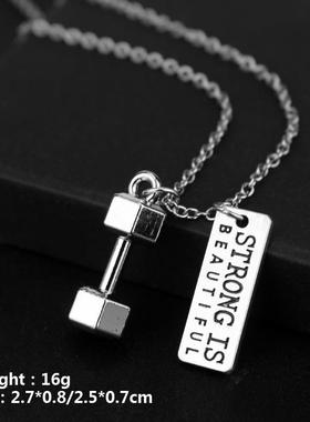 欧美健身举重男女情侣哑铃项链霸气字母方牌运动杠铃吊坠配饰