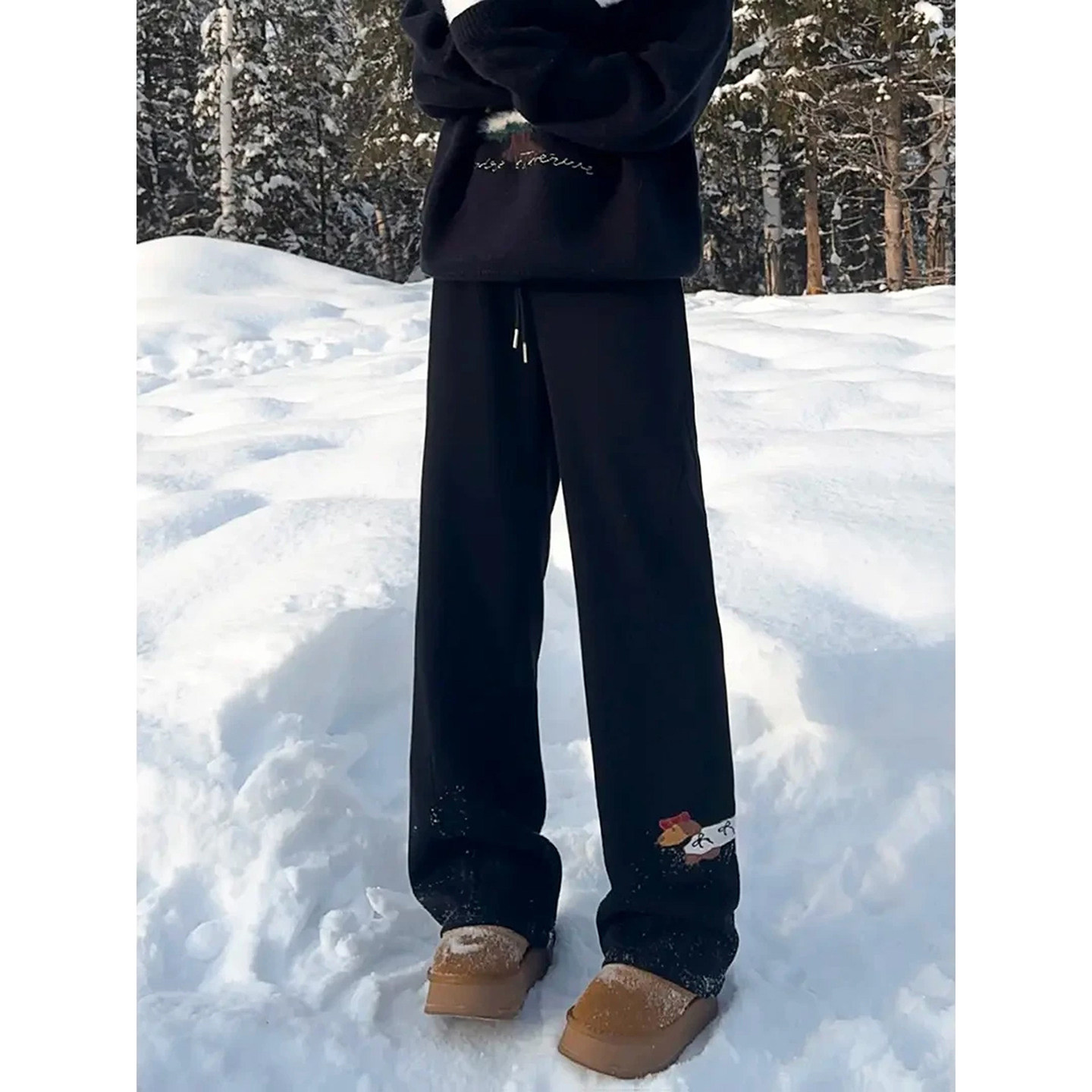 美式小狗刺绣弯刀卫裤男款秋冬情侣百搭加绒厚裤子斜切微喇休闲裤,淘宝优惠券,粉丝福利购,淘宝优惠卷