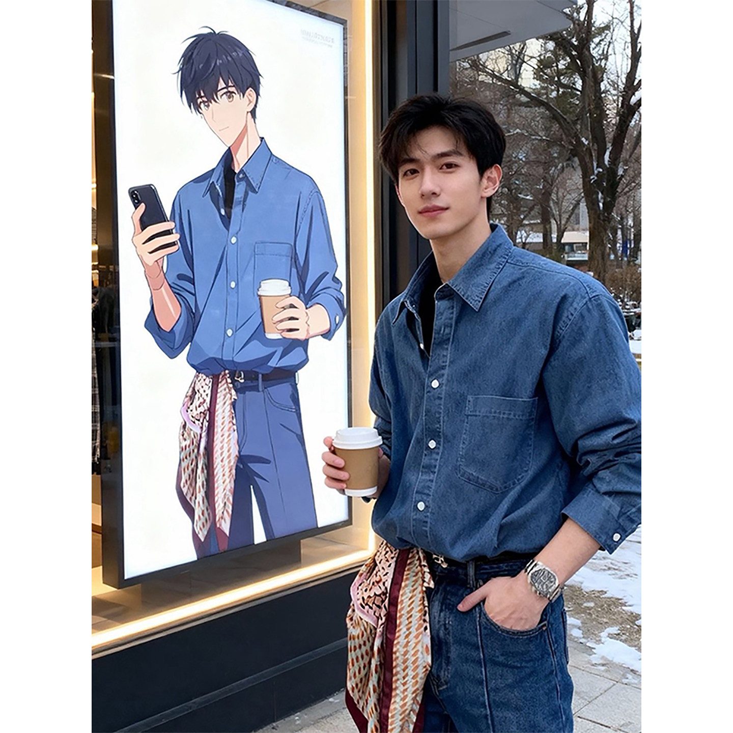 丹宁蓝色长袖牛仔衬衫男款秋冬季高级感痞帅衬衣美式翻领工装外套,淘宝优惠券,粉丝福利购,淘宝优惠卷