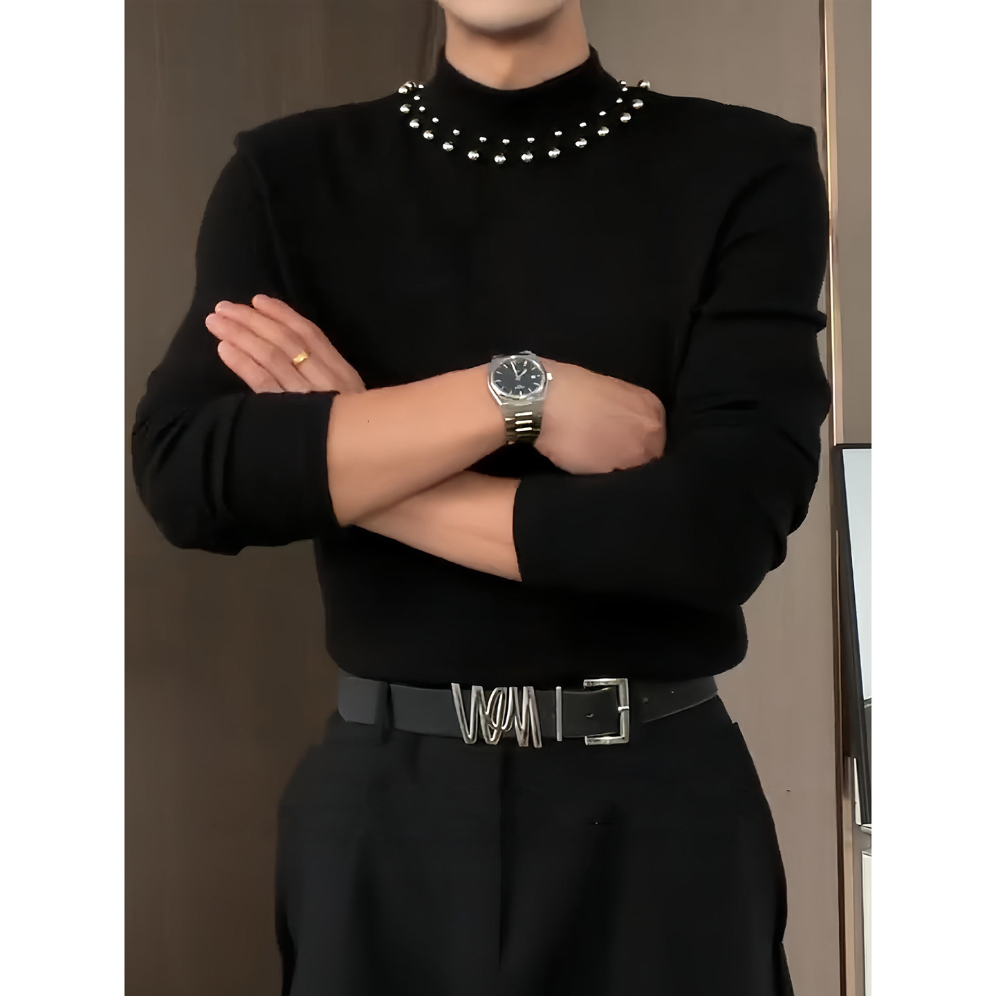 小香风珍珠垫肩毛衣男冬季痞帅高级感修身内搭针织衫半高领打底衫,淘宝优惠券,粉丝福利购,淘宝优惠卷