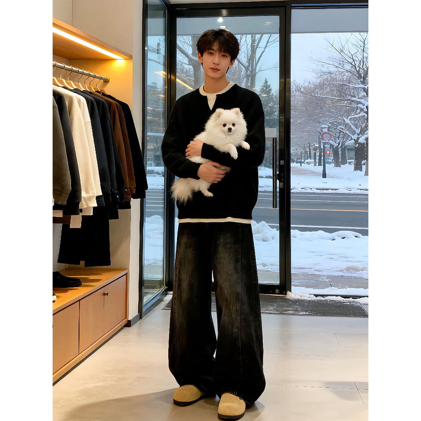 韩系高级假两件v领针织毛衣男生酷帅穿搭套装秋冬斜切弯刀牛仔裤,淘宝优惠券,粉丝福利购,淘宝优惠卷