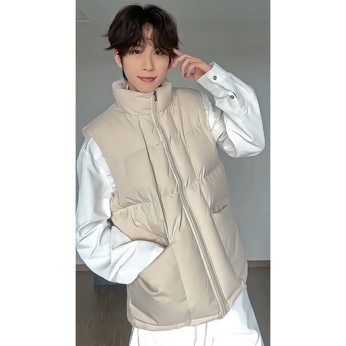 米灰色立领轻薄羽绒马甲男冬季可外穿保暖棉服背心青少年坎肩外套 - 图1