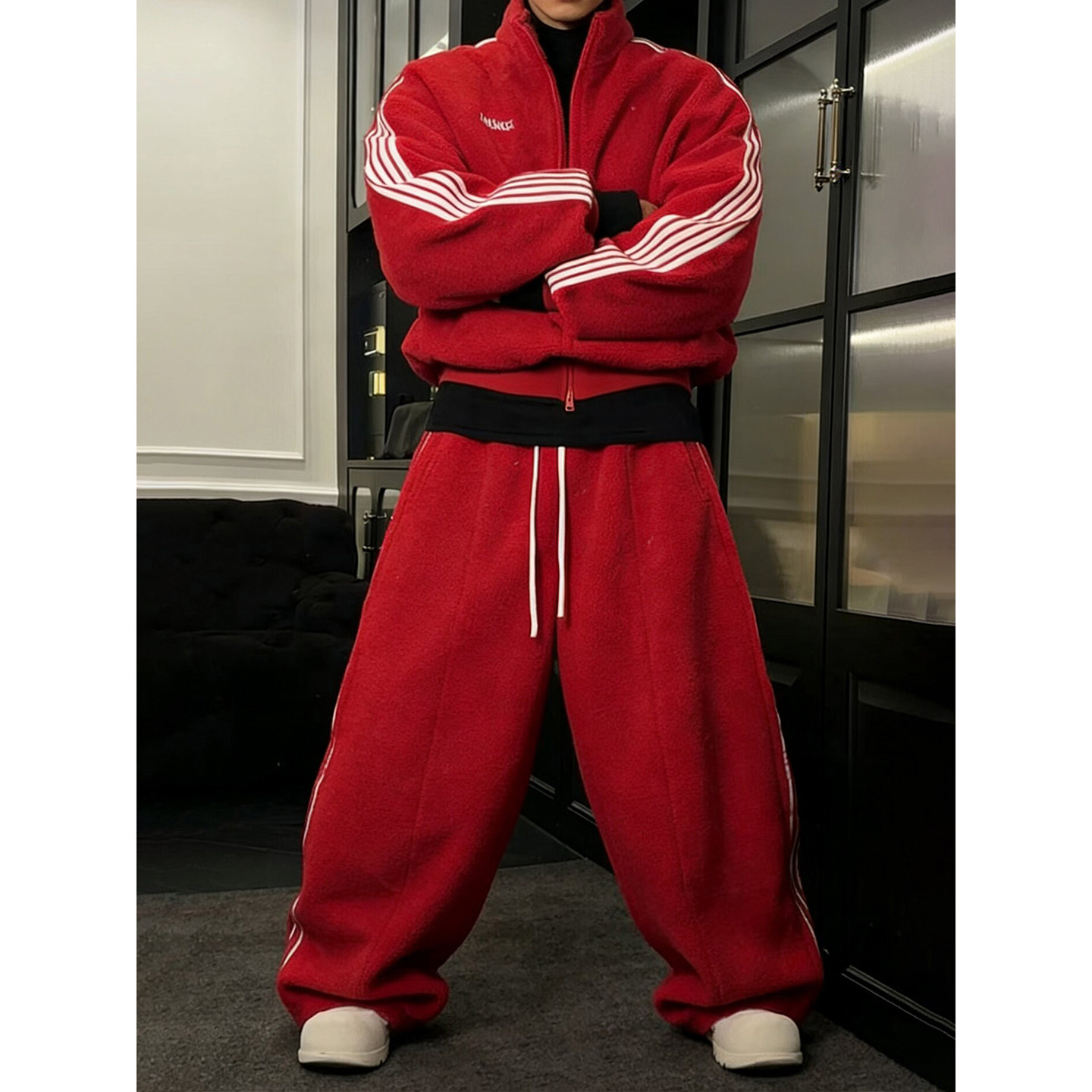 酒红色本命年条纹摇粒绒棉服外套男女冬加厚保暖棉衣美式运动套装,淘宝优惠券,粉丝福利购,淘宝优惠卷