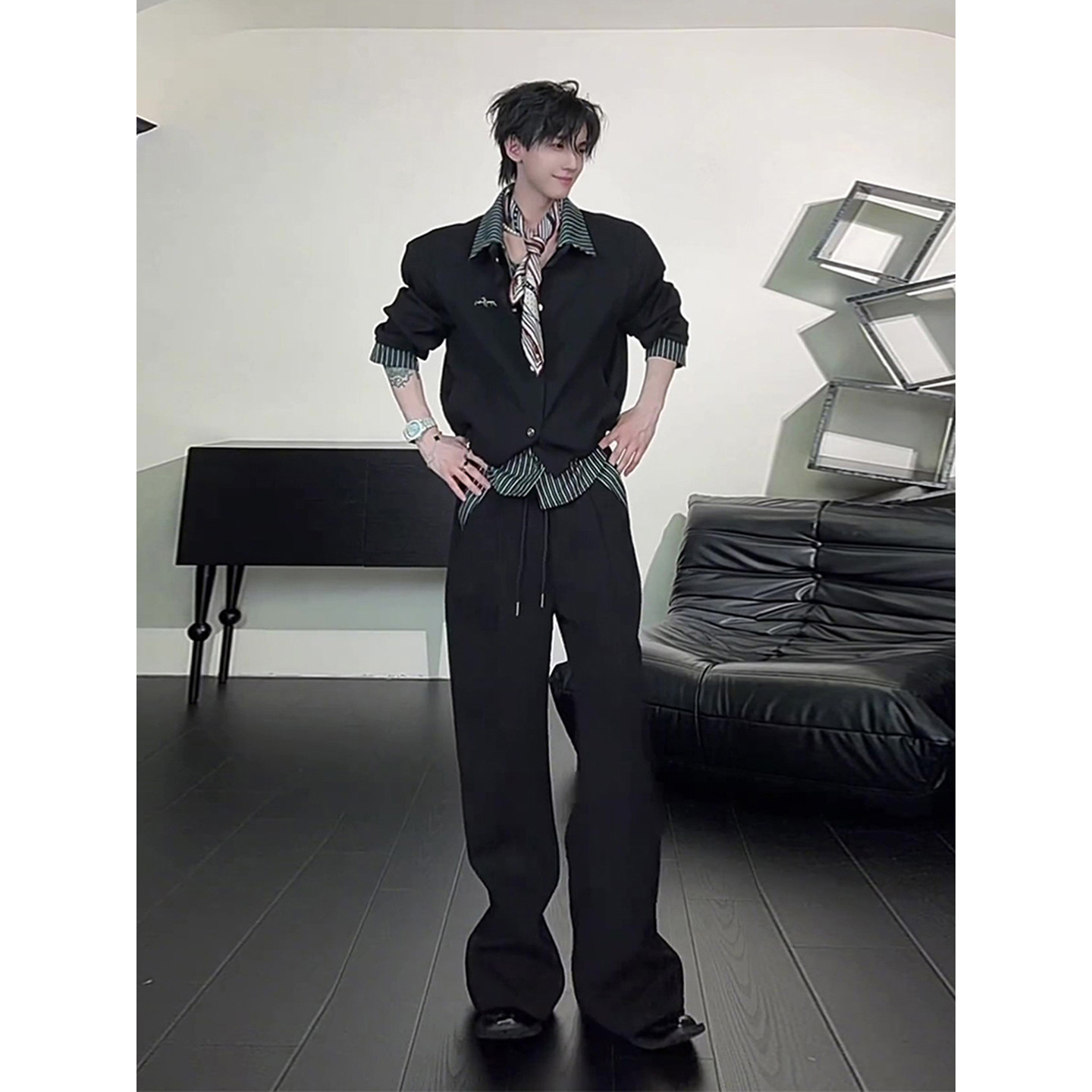 设计师款假两件衬衫拼接开衫卫衣男生酷帅穿搭套装痞帅高级感外套,淘宝优惠券,粉丝福利购,淘宝优惠卷