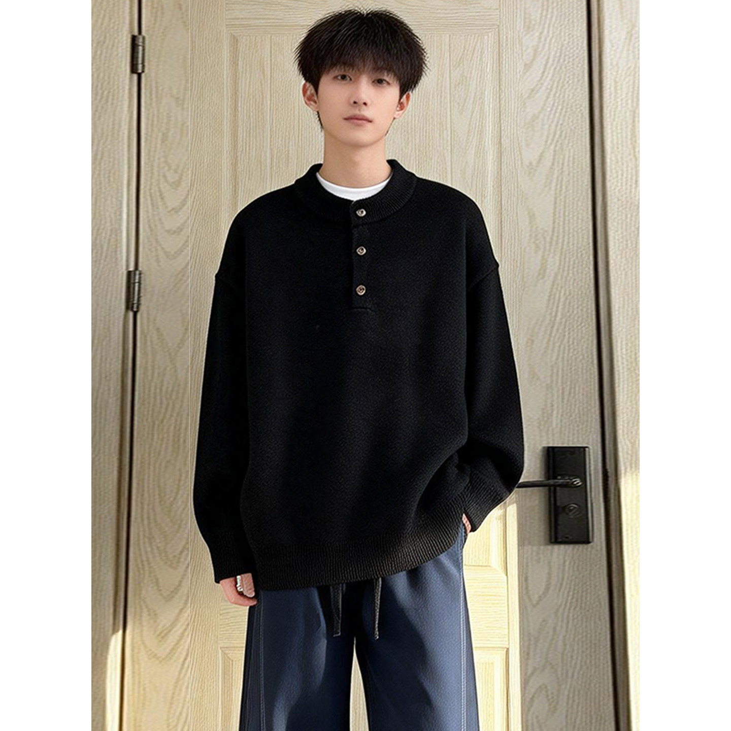 花灰色亨利领polo衫毛衣韩系高级感男装一套搭配帅气老钱风针织衫,淘宝优惠券,粉丝福利购,淘宝优惠卷