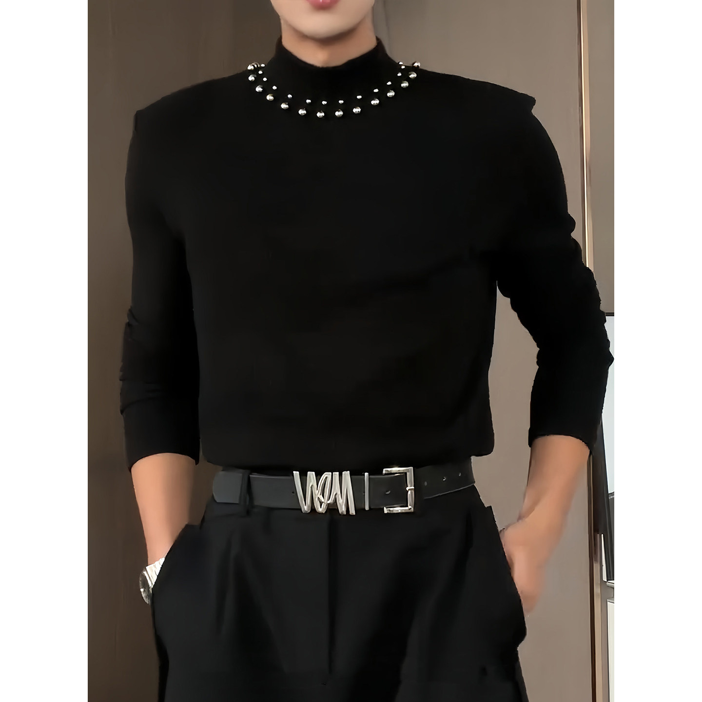 小香风珍珠垫肩毛衣男冬季痞帅高级感修身内搭针织衫半高领打底衫,淘宝优惠券,粉丝福利购,淘宝优惠卷