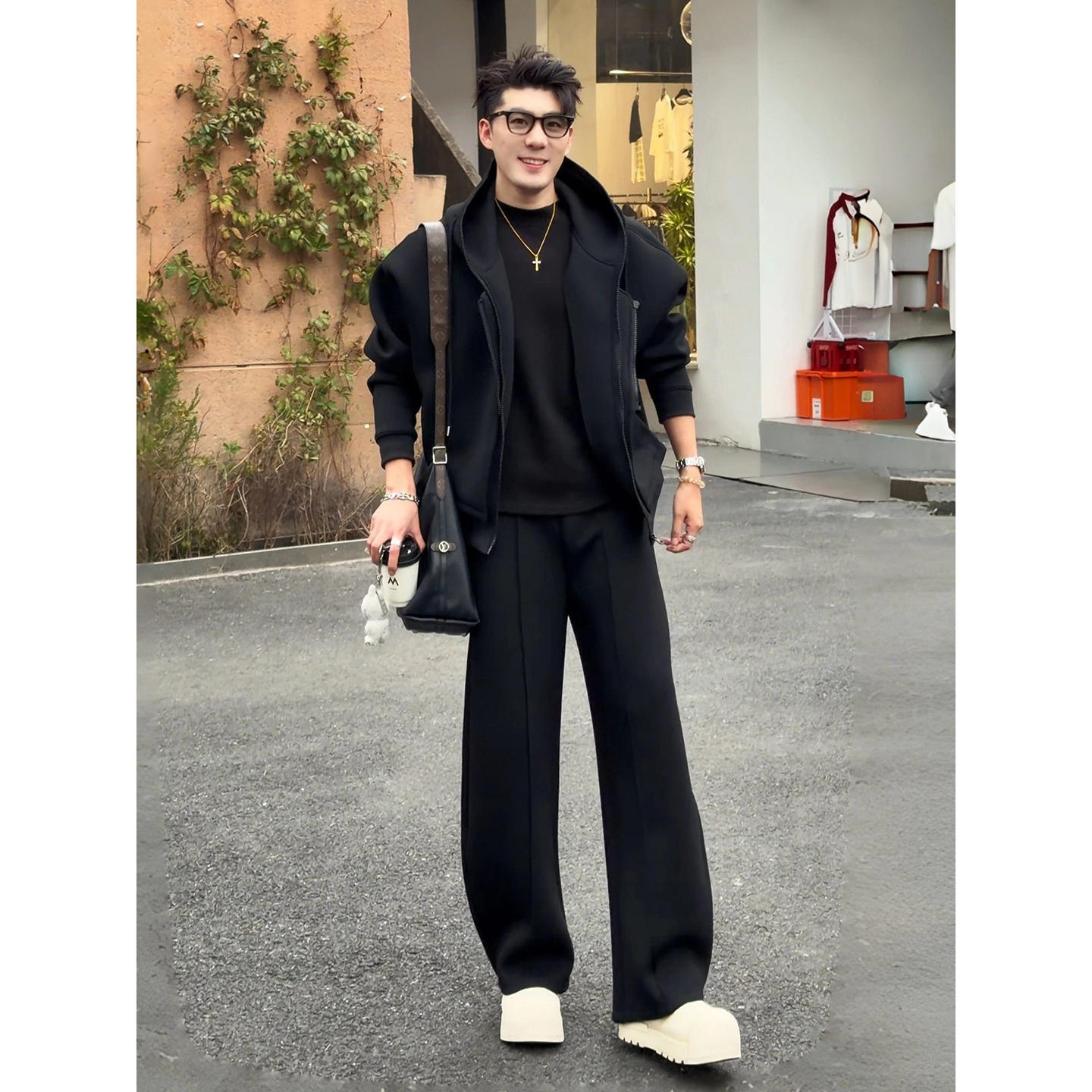 美式空气层假两件连帽卫衣男模高级感穿搭套装重磅廓形弯刀阔腿裤 - 图1