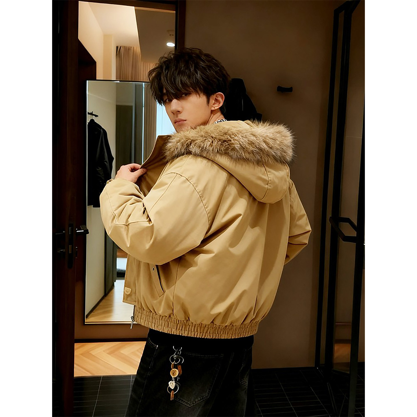 卡其色牛角扣毛领羽绒棉服男冬季美式短款连帽派克服座山雕棉外套,淘宝优惠券,粉丝福利购,淘宝优惠卷