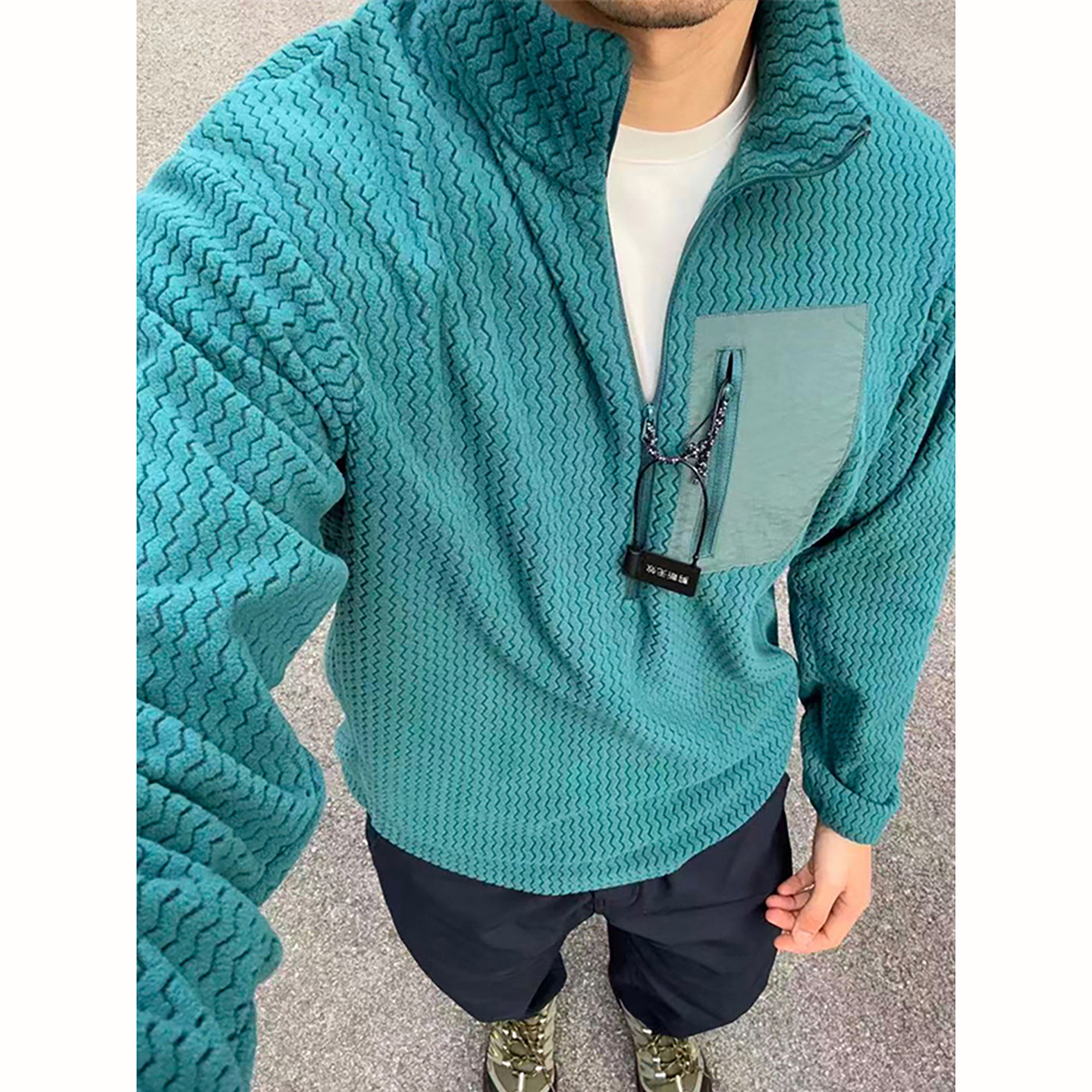 户外运动波浪纹半拉链立领卫衣秋冬男士新款时尚保暖抓绒衣打底衫,淘宝优惠券,粉丝福利购,淘宝优惠卷