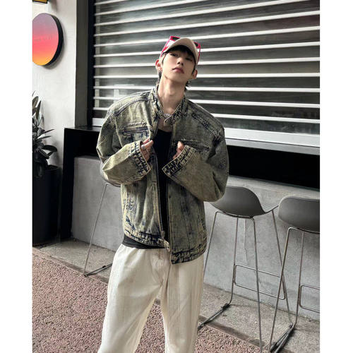 美式cleanfit牛仔衣外套男韩版潮流庞博文同款高级感痞帅垫肩夹克 - 图1