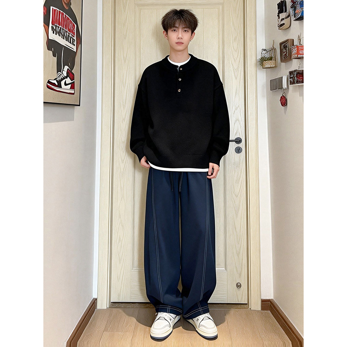 花灰色亨利领polo衫毛衣韩系高级感男装一套搭配帅气老钱风针织衫,淘宝优惠券,粉丝福利购,淘宝优惠卷