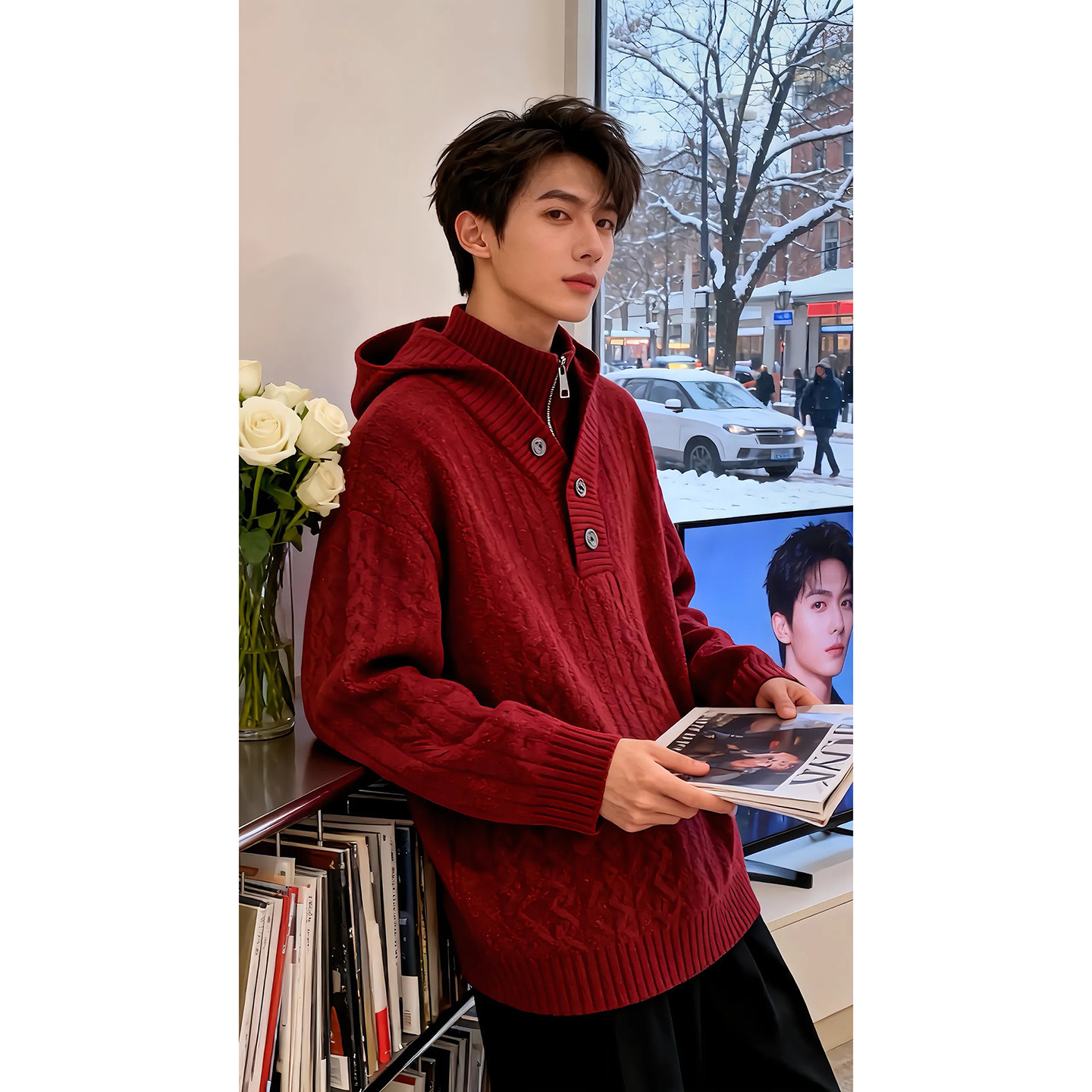 马年本命年红色男士高领毛衣冬季假两件v领针织衫高级感连帽卫衣,淘宝优惠券,粉丝福利购,淘宝优惠卷