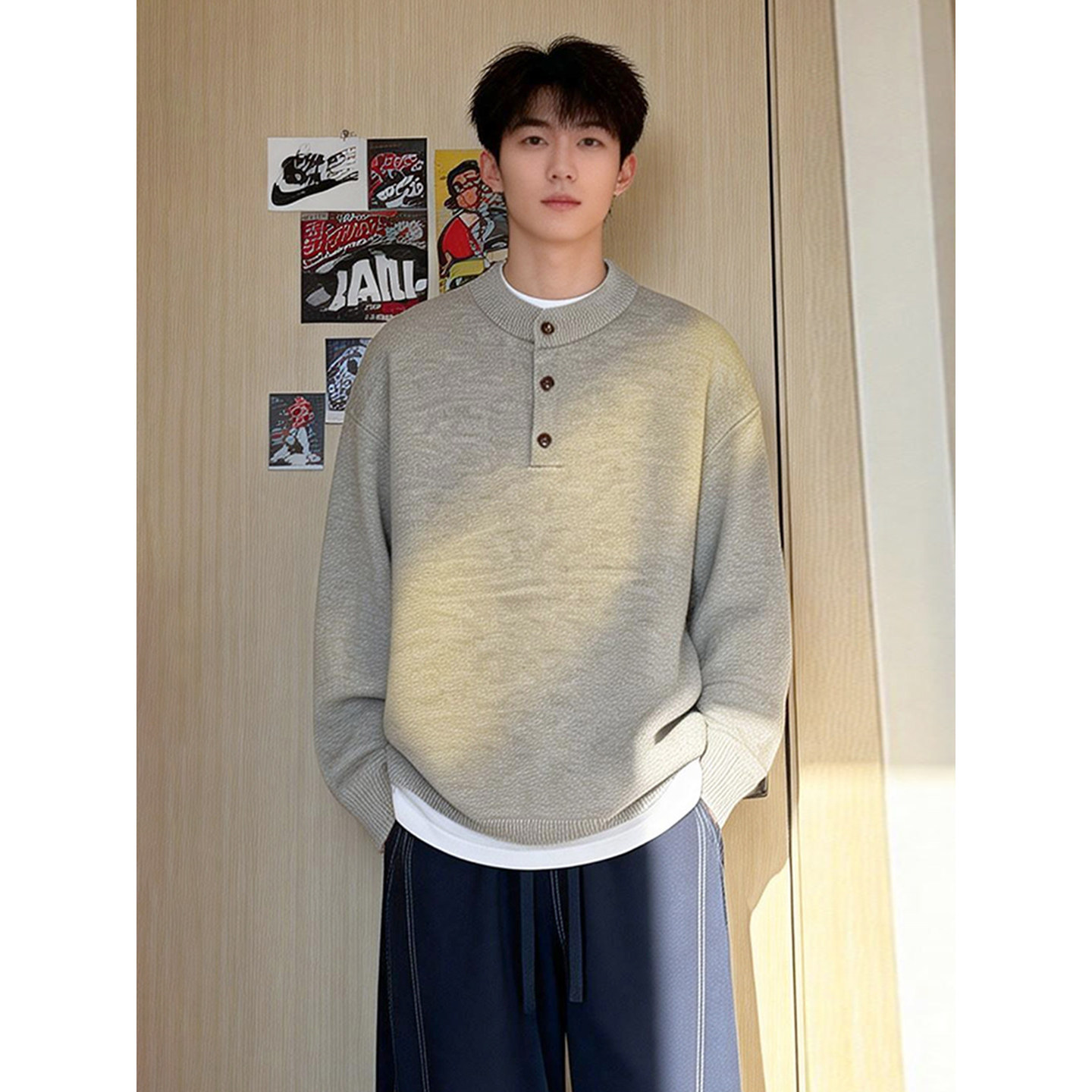 花灰色亨利领polo衫毛衣韩系高级感男装一套搭配帅气老钱风针织衫,淘宝优惠券,粉丝福利购,淘宝优惠卷