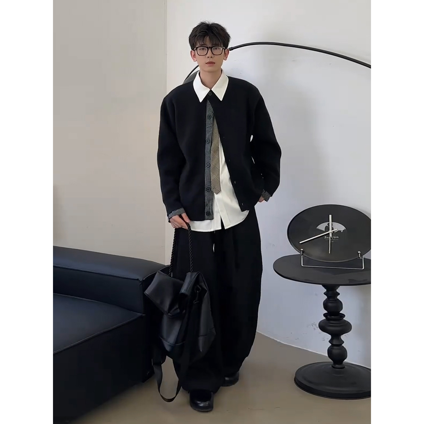 假两件格子拼接开衫毛衣男生设计感ootd穿搭时尚套装韩版针织外套 - 图3