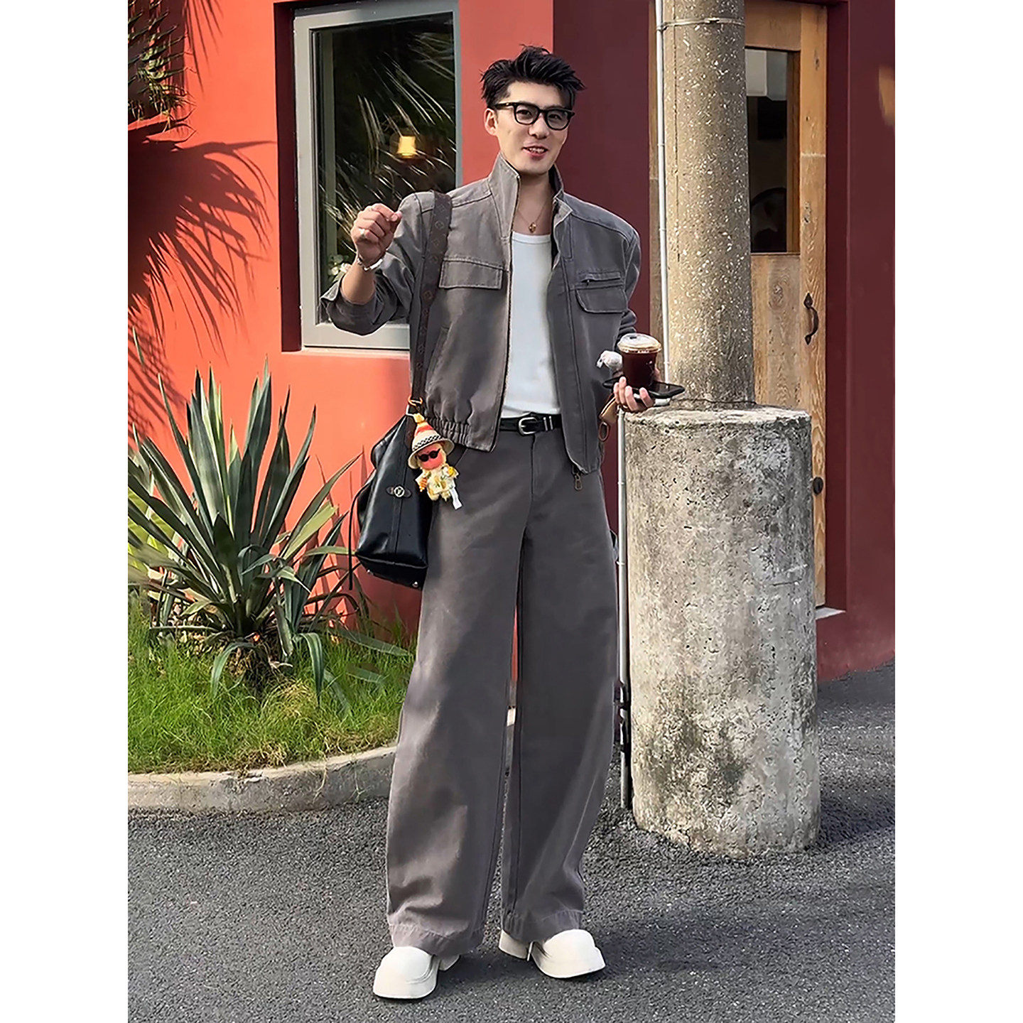 美式短款立领夹克外套男酷帅穿搭一整套高级感阔腿直筒工装裤套装,淘宝优惠券,粉丝福利购,淘宝优惠卷