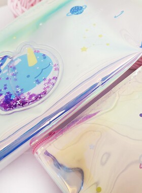 鲸鱼入油流沙笔袋简约男女孩大容量镭射笔袋文具袋少女心笔盒学生