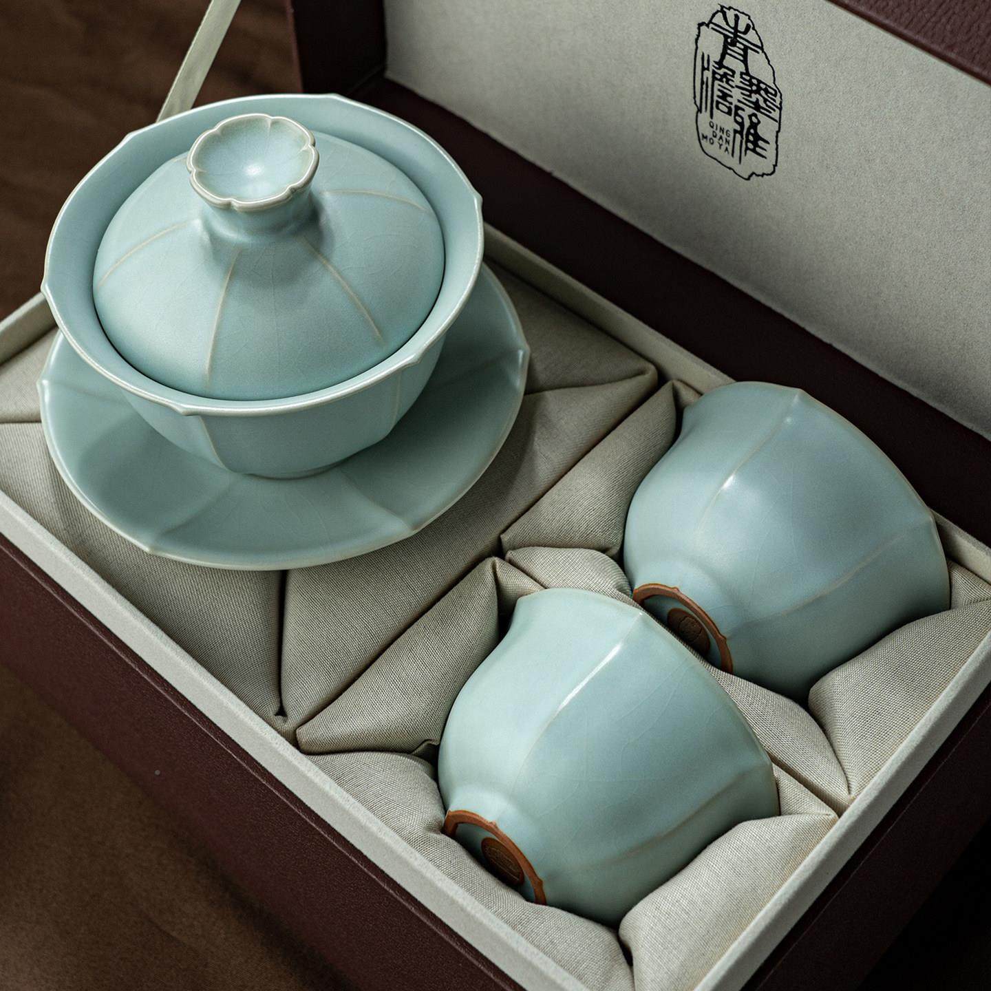 汝窑才碗茶杯套装M8101泡盖茶碗景德镇汝瓷功夫盒茶三具复古青瓷,淘宝优惠券,粉丝福利购,淘宝优惠卷