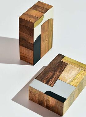 进口简约新中式芒果木镶饰嵌牛骨黄铜GWW装盒收纳盒饰首饰相框摆