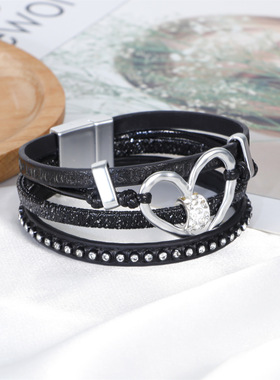 波西米亚镂空爱心多层皮革手链镶钻磁铁扣复古手镯小众民族风手环