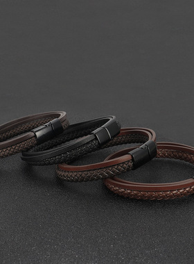 新款皮革手链男款小众多层编织欧美外贸爆款手工手镯现货