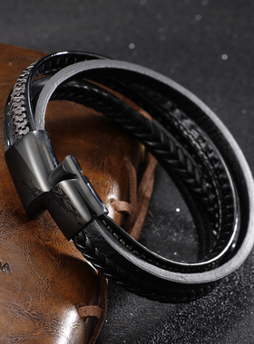 电商原创新品多层手工编织皮革手链男士个性磁铁扣手环饰品