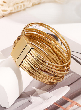 亚马逊新款欧美时尚多层PU皮革叠戴女士手链百搭欧美风个性手镯