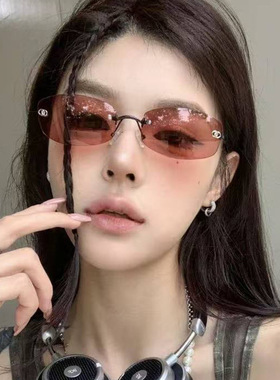 Jennie同款蓝色无框太阳镜女2025新款中古墨镜欧美辣妹风方形小脸