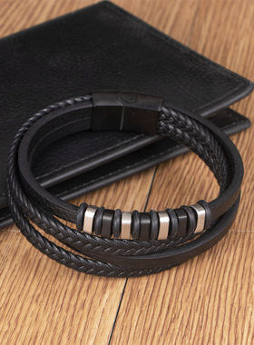 新款简约男士多层手链波西米亚风超纤皮革编织手环不锈钢磁扣手饰