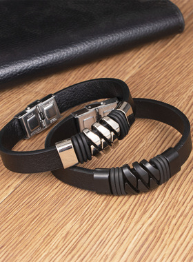 时尚简约皮绳手链韩版男士个性手环单条不锈钢夹扣合金配件手饰