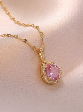 项链女日韩风时尚网红彩色锆石简约白色水滴吊坠饰品钛钢项链