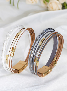 新品波西米亚风手链多层皮革串珠手饰金属珠子手工欧美磁扣手镯