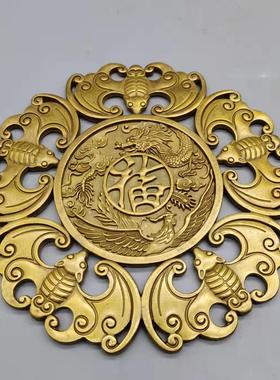 仿古福福字五家居摆件古玩铜0111器收藏艺龙黄铜铜凤五福牌挂工品