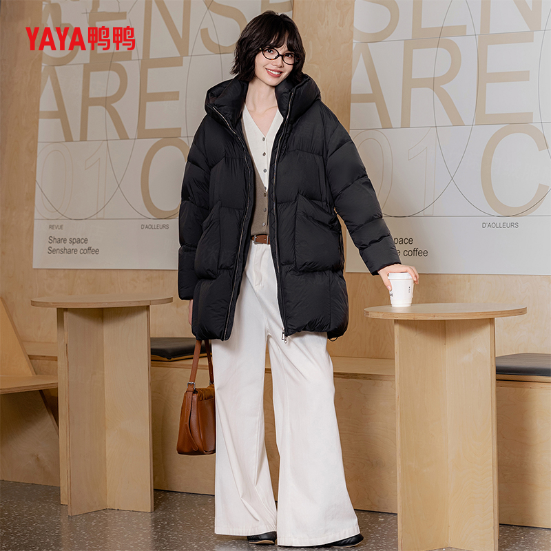 YAYA鸭鸭2024冬加厚时尚百搭休闲连帽潮流宽松女士中长款羽绒服