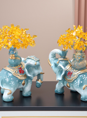 大象摆件一对招财纳福客厅玄关电视柜装饰品 创意水晶树新家摆设