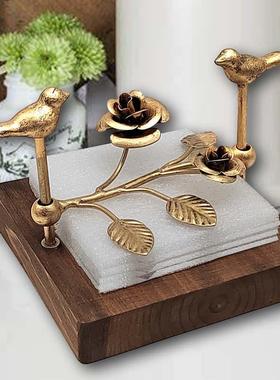 欧式面创意木制正方形复古纸纸巾座玫瑰花压台家用桌收纳置物7445