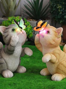 太阳能户外庭院装饰可爱猫咪树脂工艺品创意美式动物花园夜灯摆件