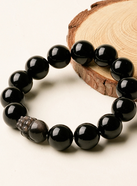 麦玲玲天然黑曜石貔貅招财转运串珠手串男士小众佛珠手链生日礼物